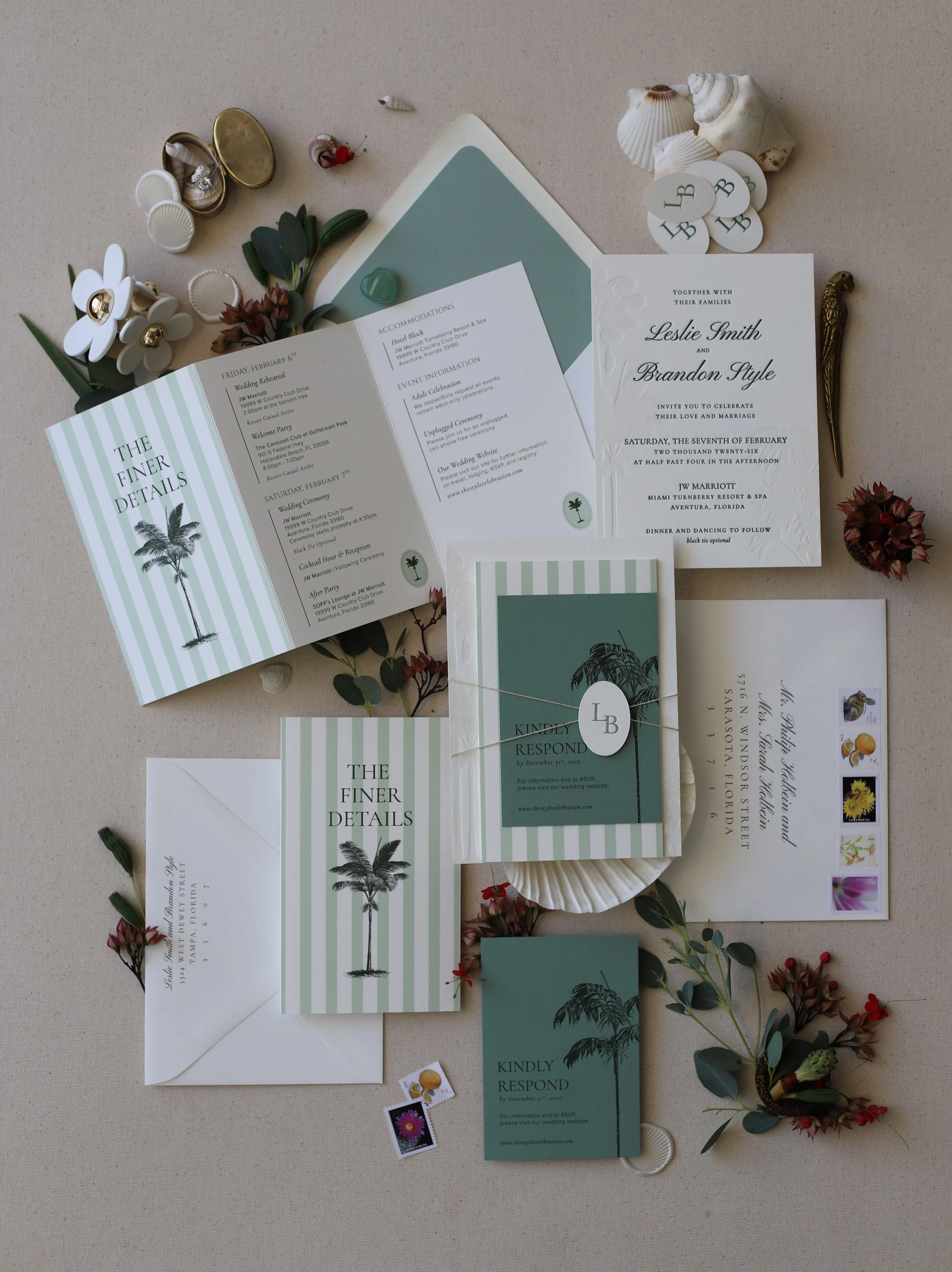 Sage Green Florida Palm Tree Letterpress Wedding Invitation Suite