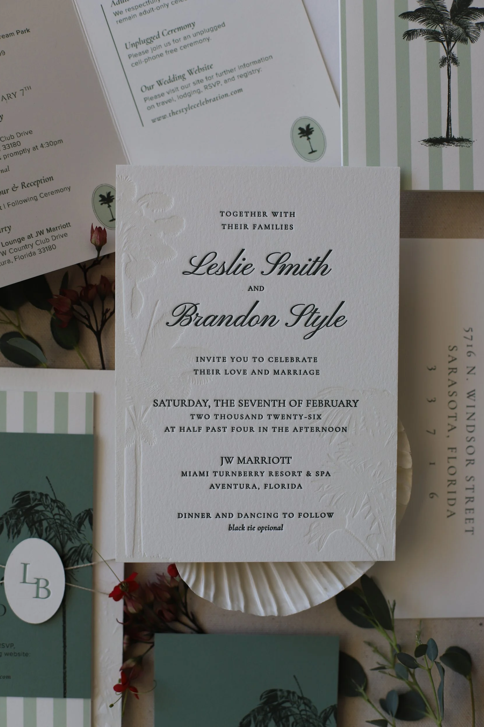 Sage Green Florida Palm Tree Letterpress Wedding Invitation Suite