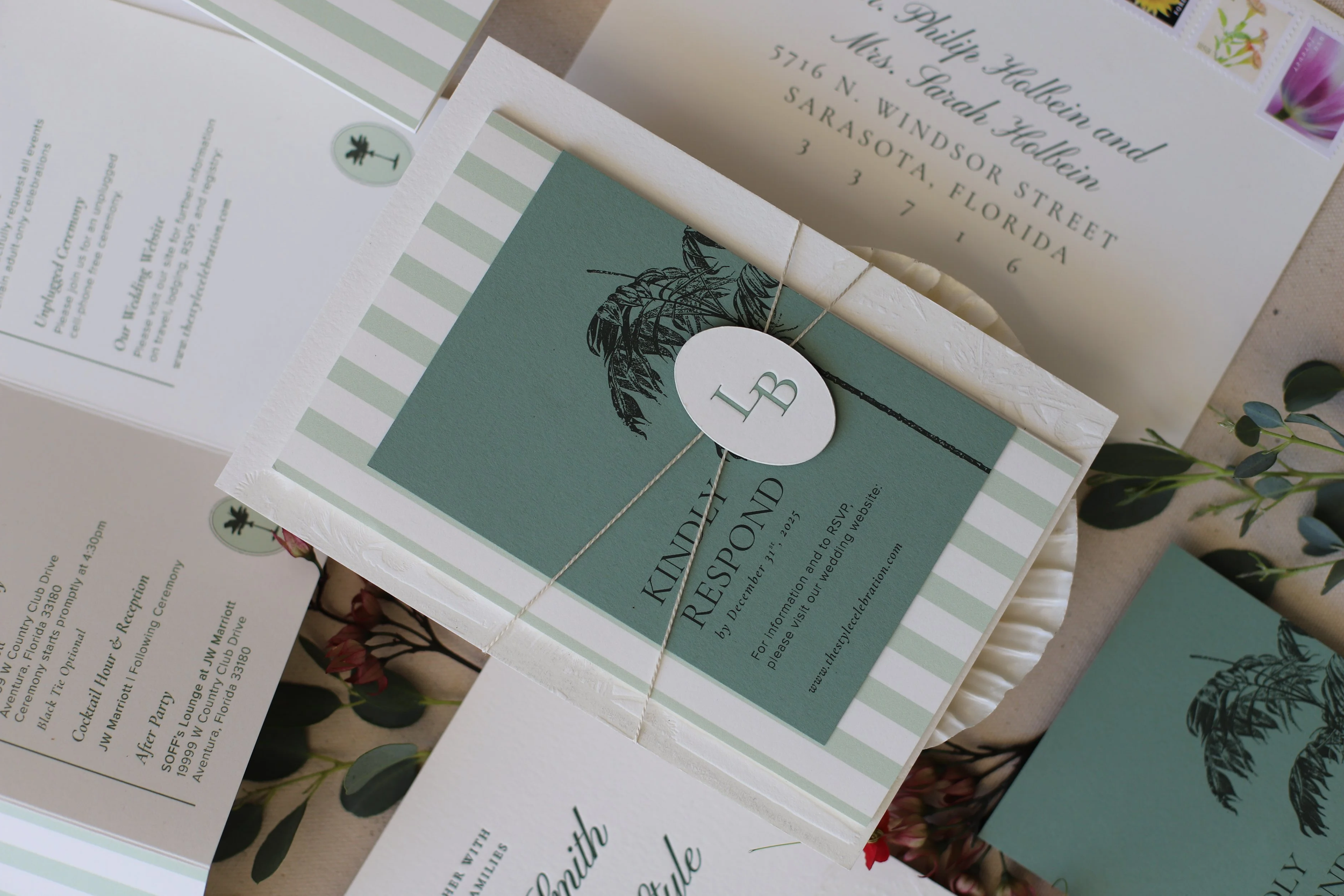 Sage Green Florida Palm Tree Letterpress Wedding Invitation Suite