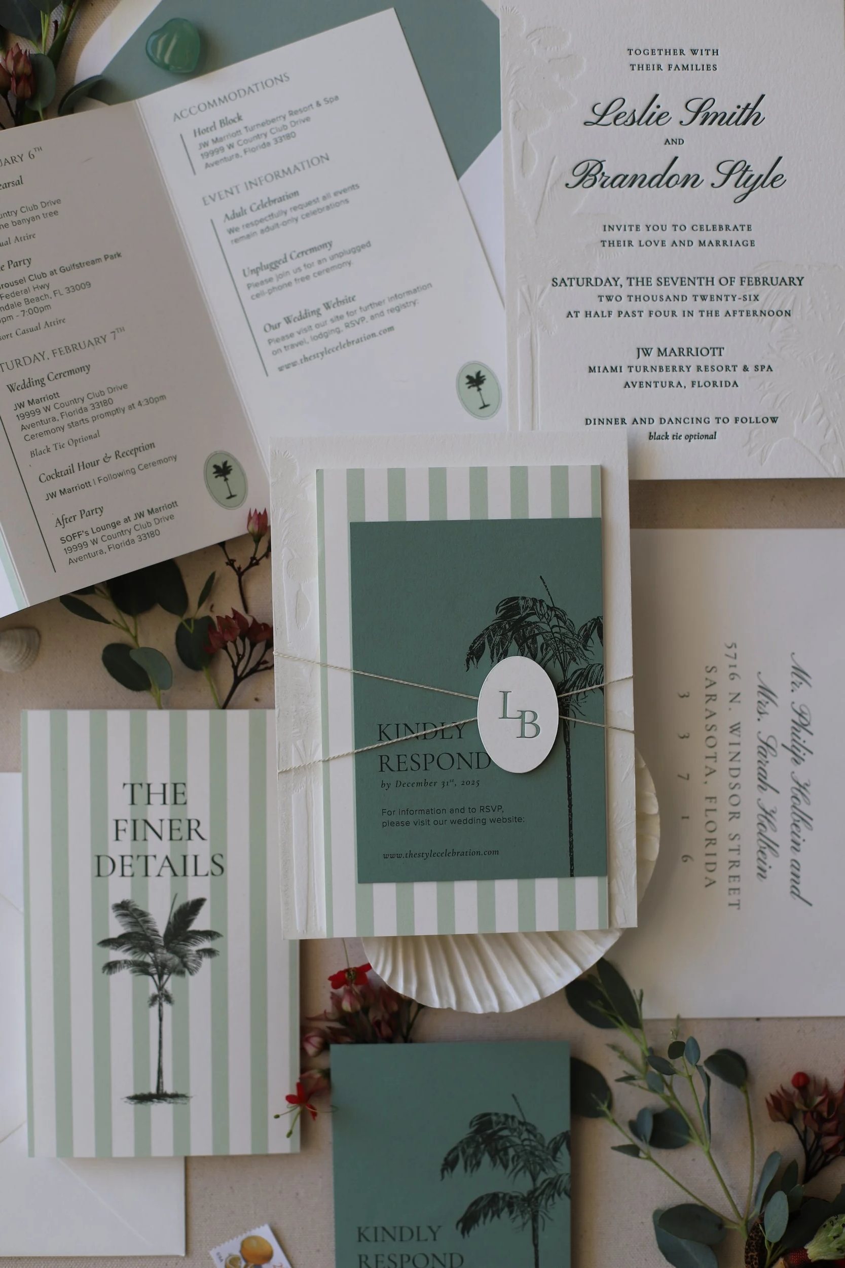 Sage Green Florida Palm Tree Letterpress Wedding Invitation Suite 