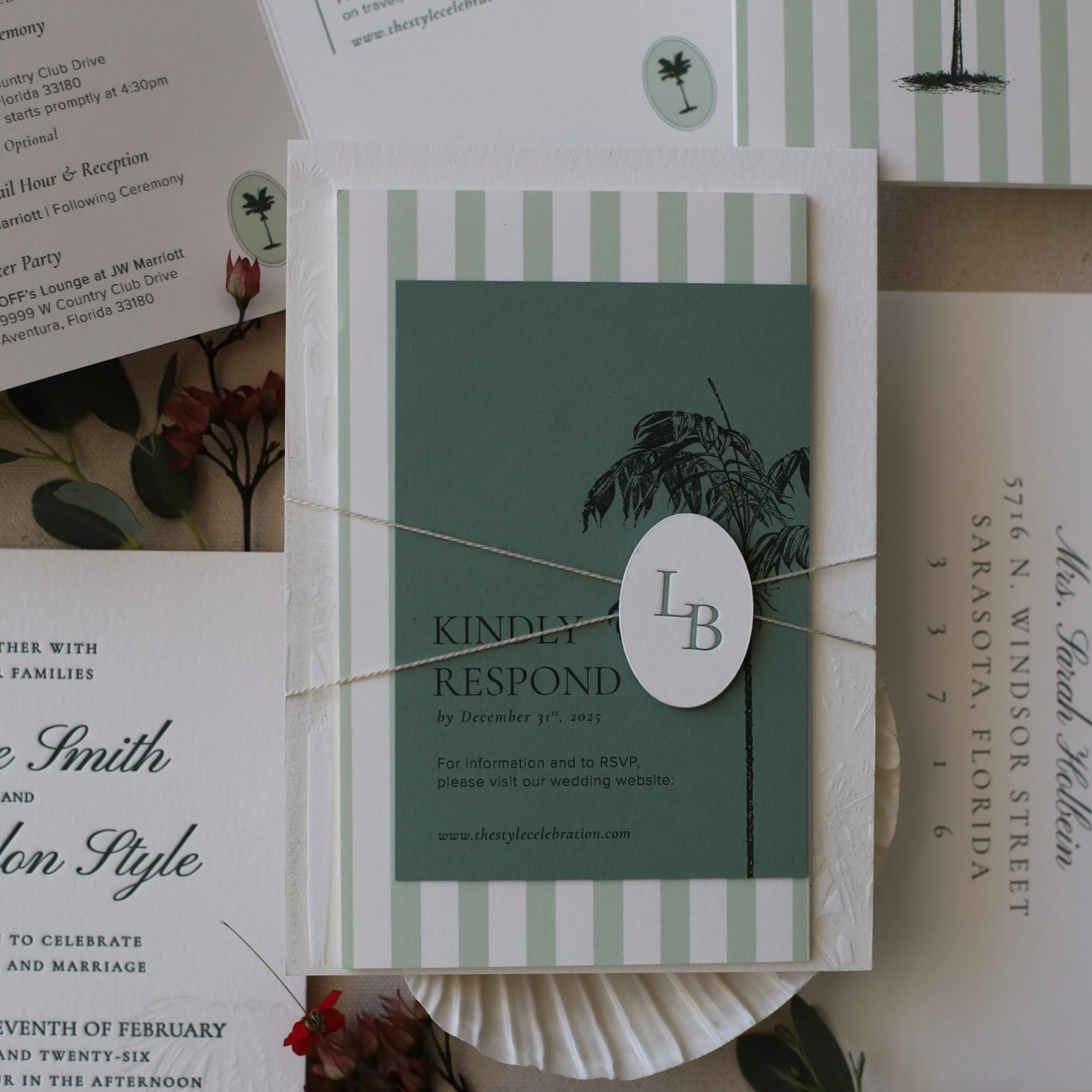 Sage Green Florida Palm Tree Letterpress Wedding Invitation Suite