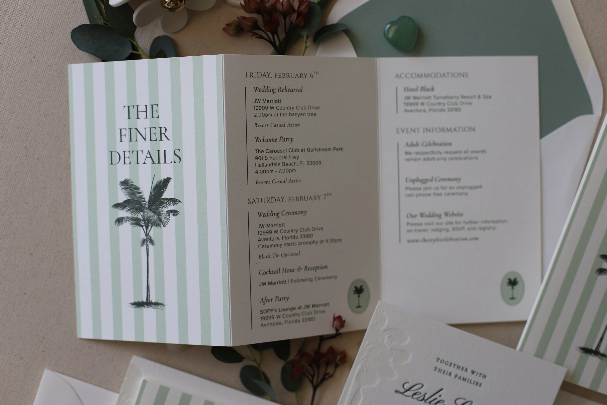 Sage Green Pin Stripe design Florida Palm Tree Letterpress Wedding Invitation Suite