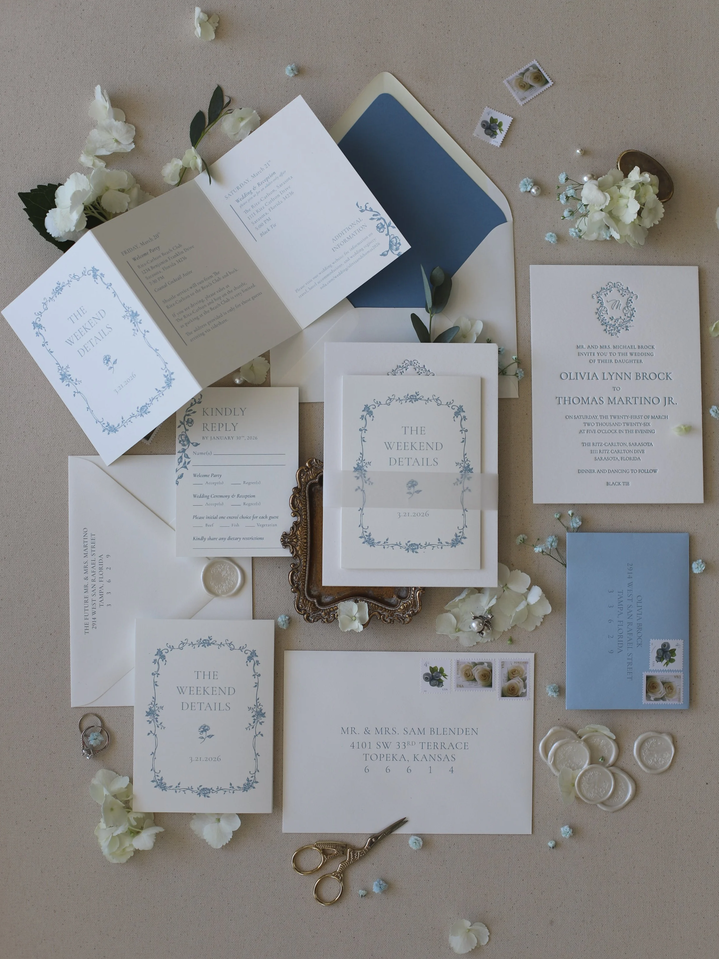 Blue floral Chinoiserie letterpress wedding invitations 
