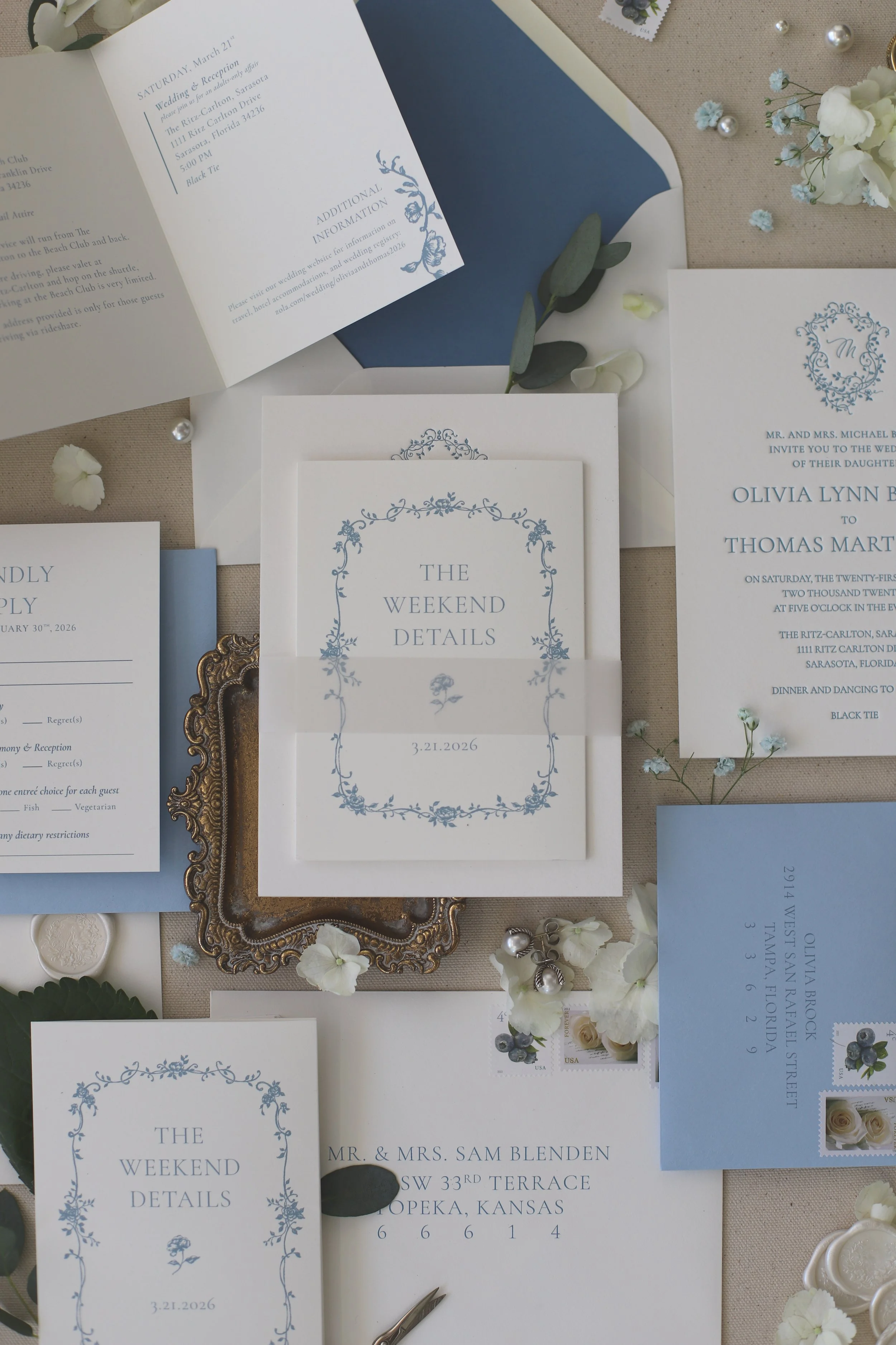 Blue floral Chinoiserie letterpress wedding invitations 
