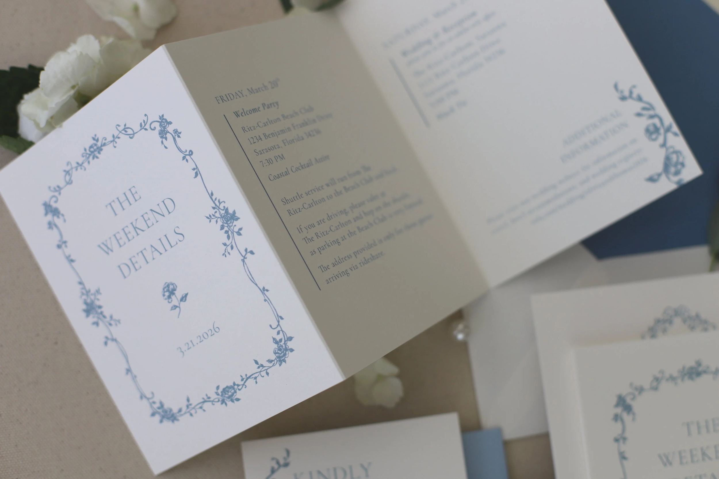 Blue floral Chinoiserie letterpress wedding accordion details insert