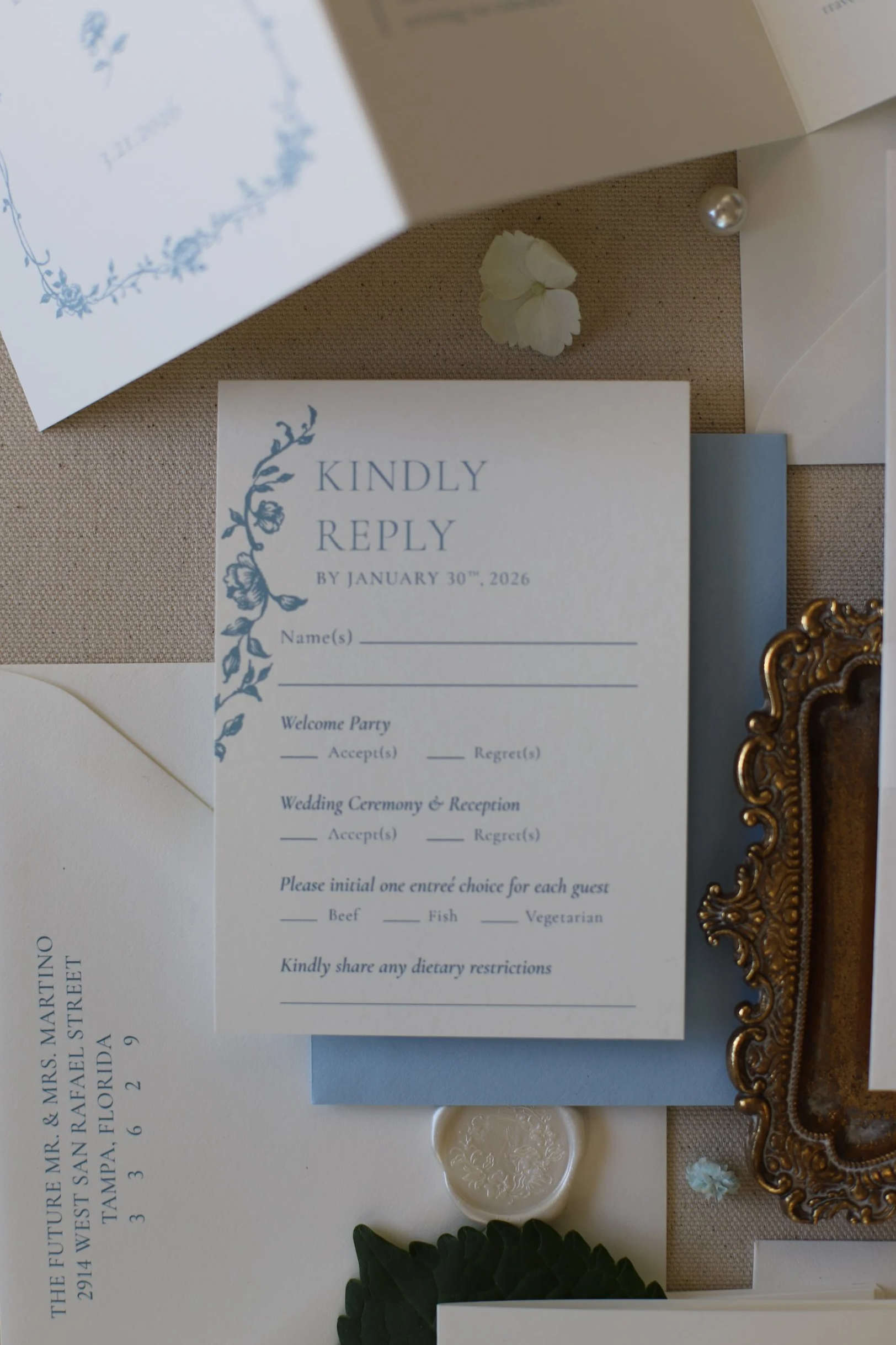 Blue floral Chinoiserie letterpress wedding RSVP