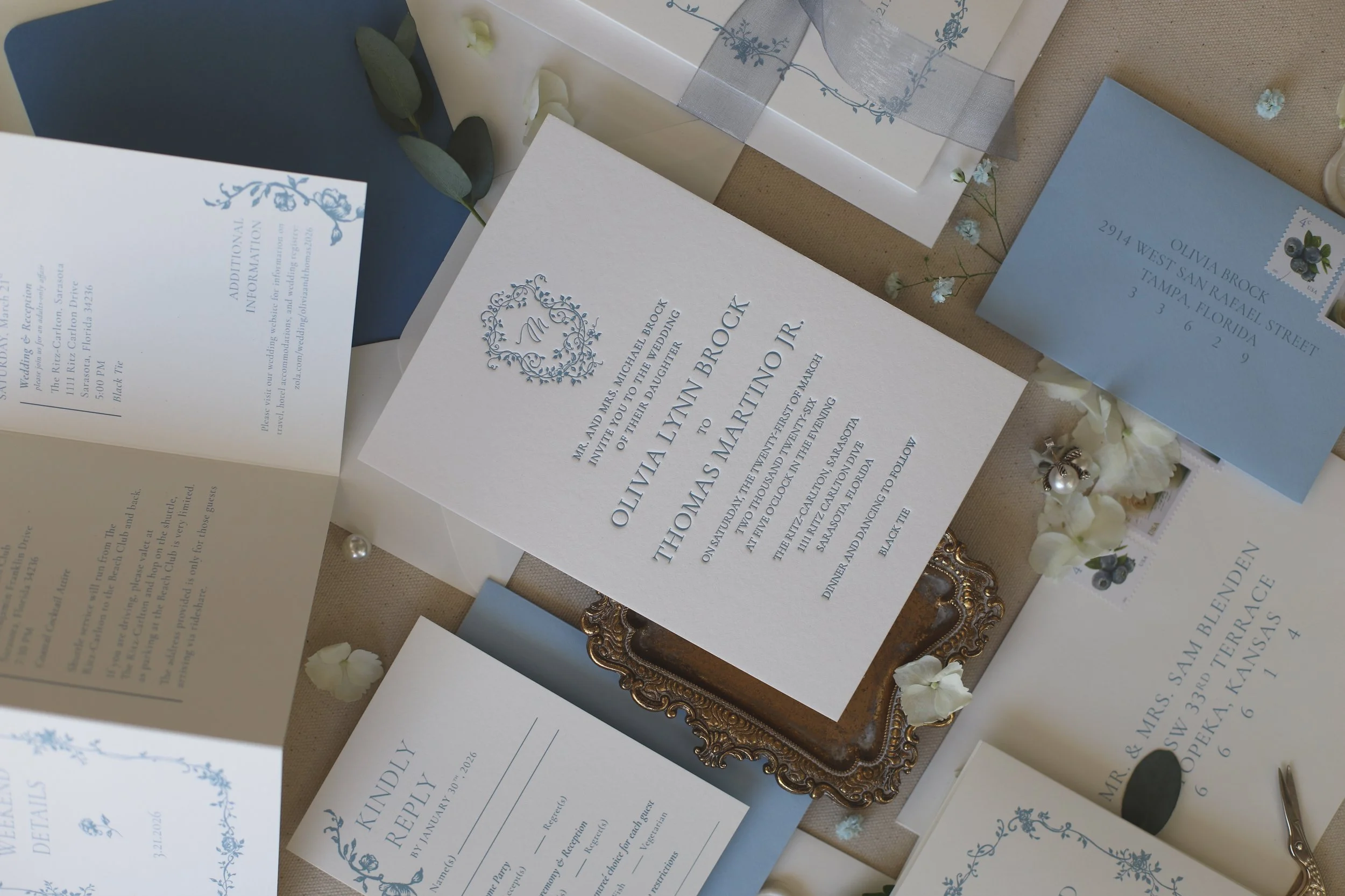 Blue floral Chinoiserie letterpress wedding invitations 
