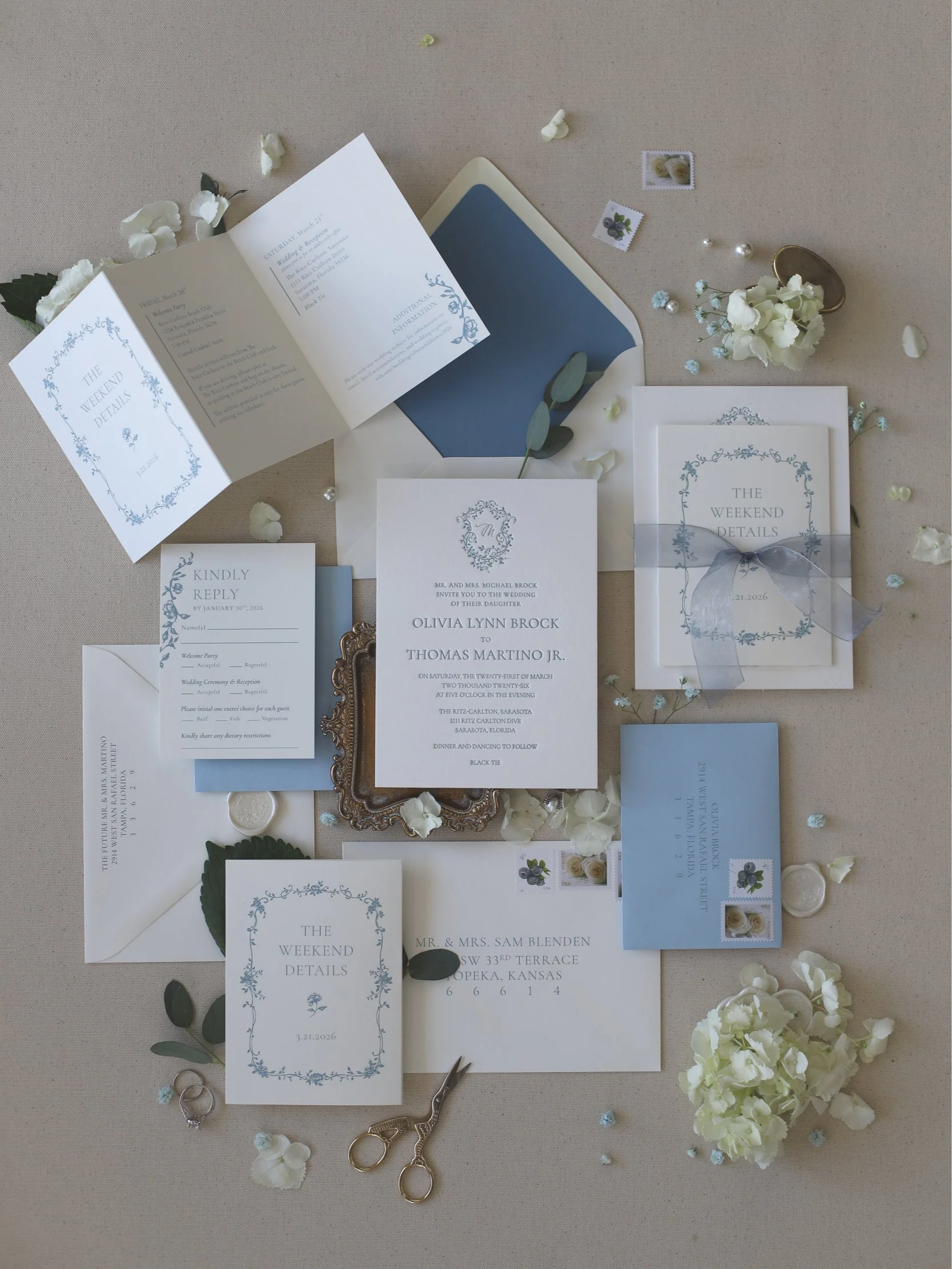 Blue floral Chinoiserie letterpress wedding invitations 
