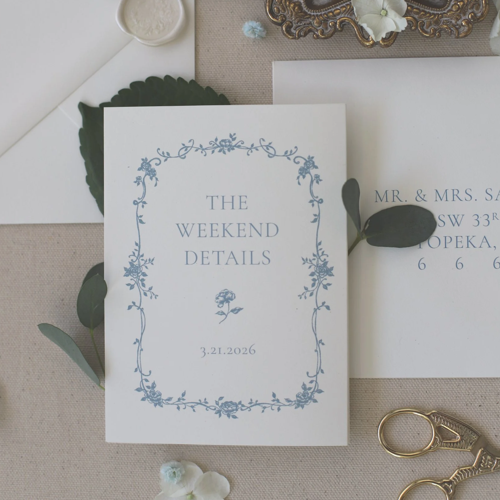 Blue floral Chinoiserie letterpress wedding invitations 