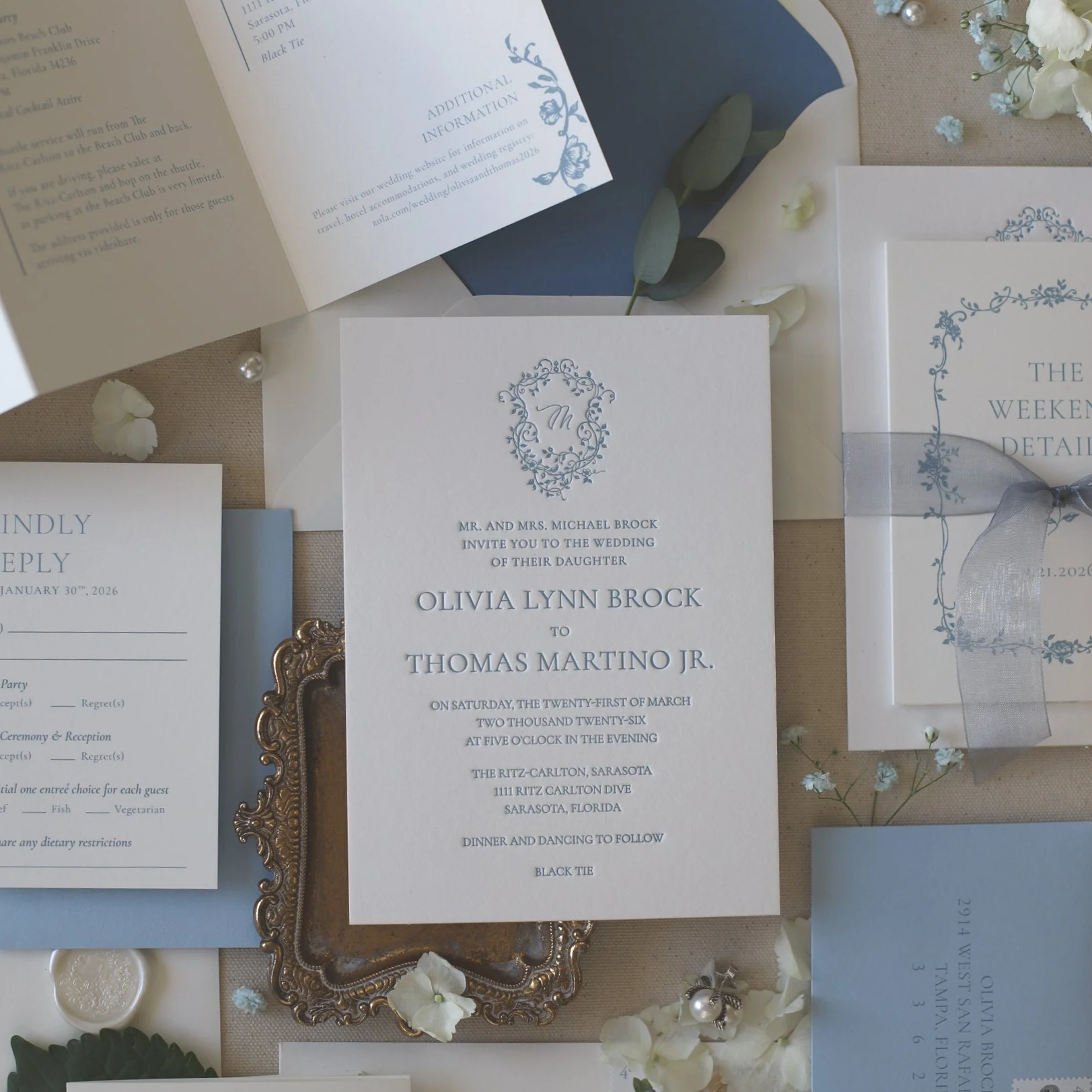 Blue floral Chinoiserie letterpress wedding invitations with monogram crest