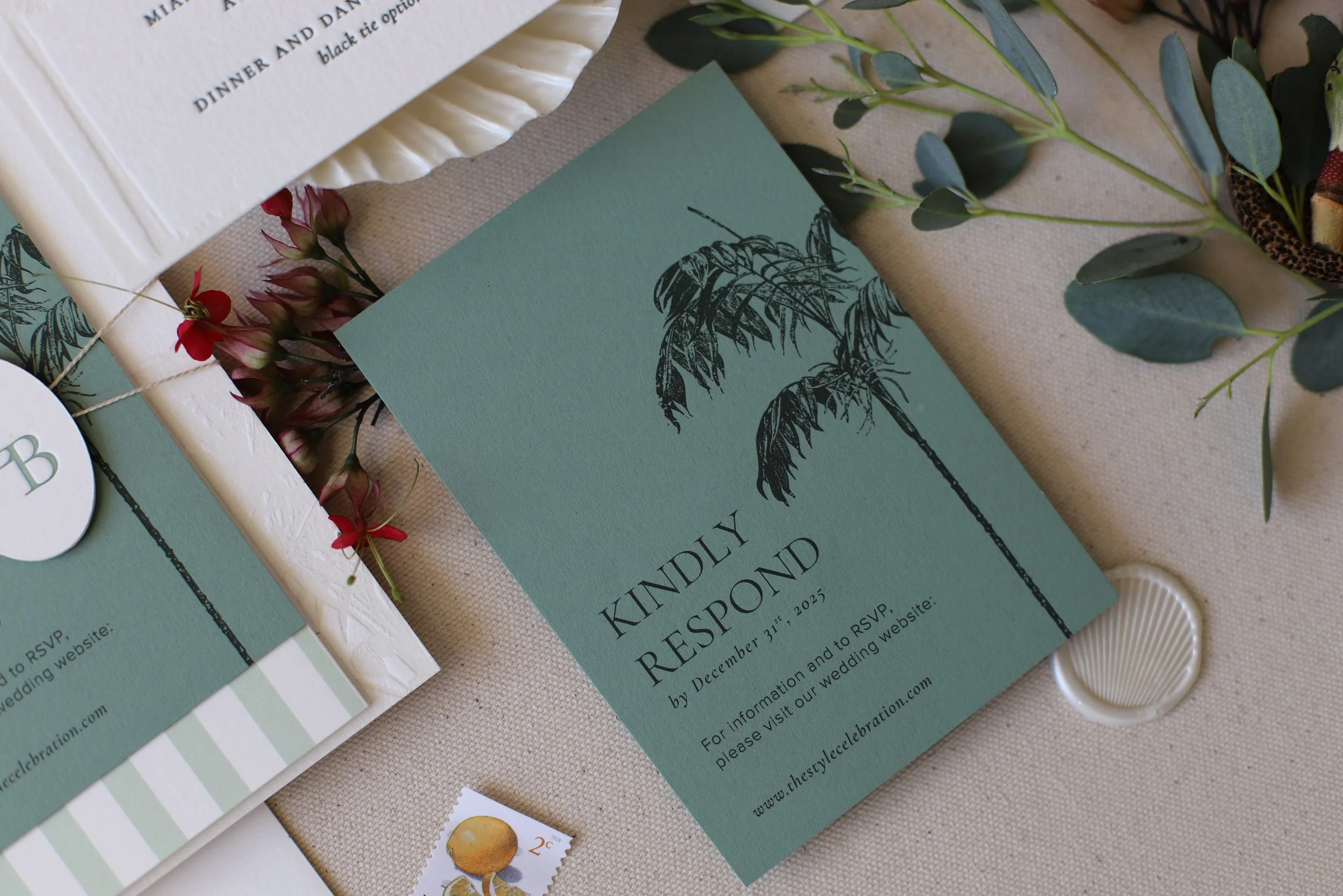 Sage Green Florida Palm Tree Letterpress Wedding Invitation Suite RSVP