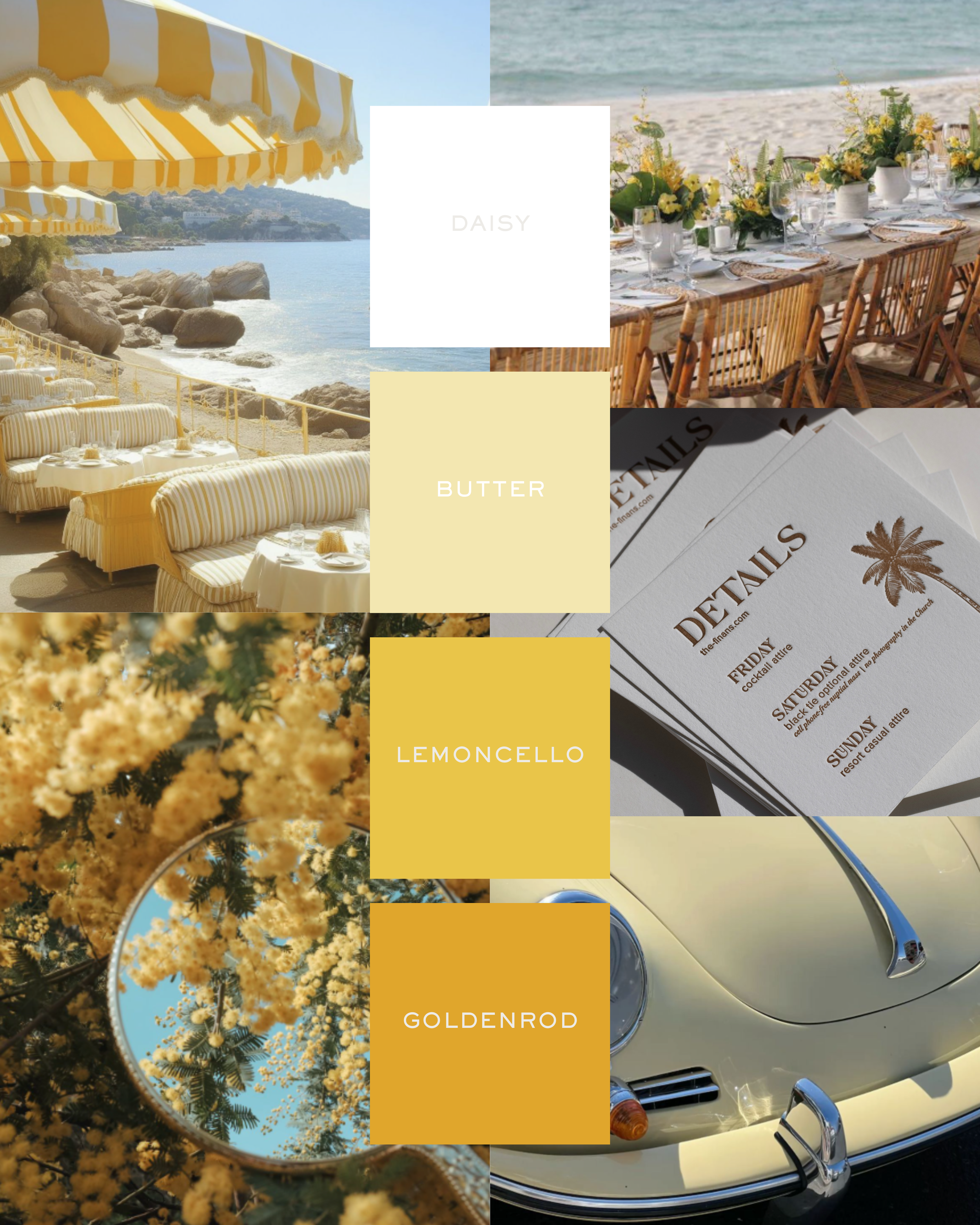 Limoncello wedding color palette for 2026 featuring warm lemon yellow tones with soft blue and white accents for elegant wedding stationery design yellow beach wedding yellow porsche
