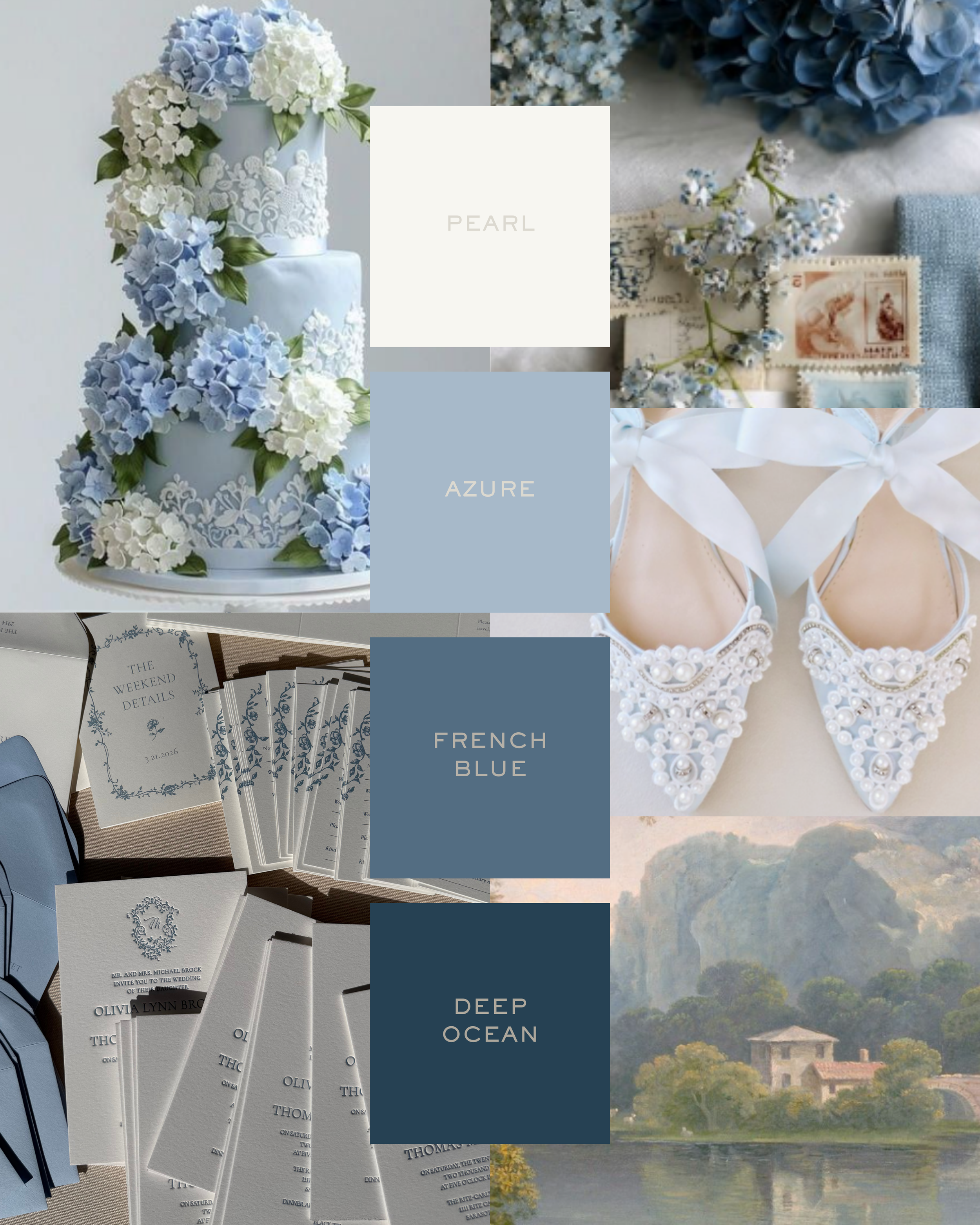 Dusty blue monochrome wedding color palette for 2026 with soft white tones, fine art wedding stationery, and elegant vision board hydrangea floral cake invitation design inspiration