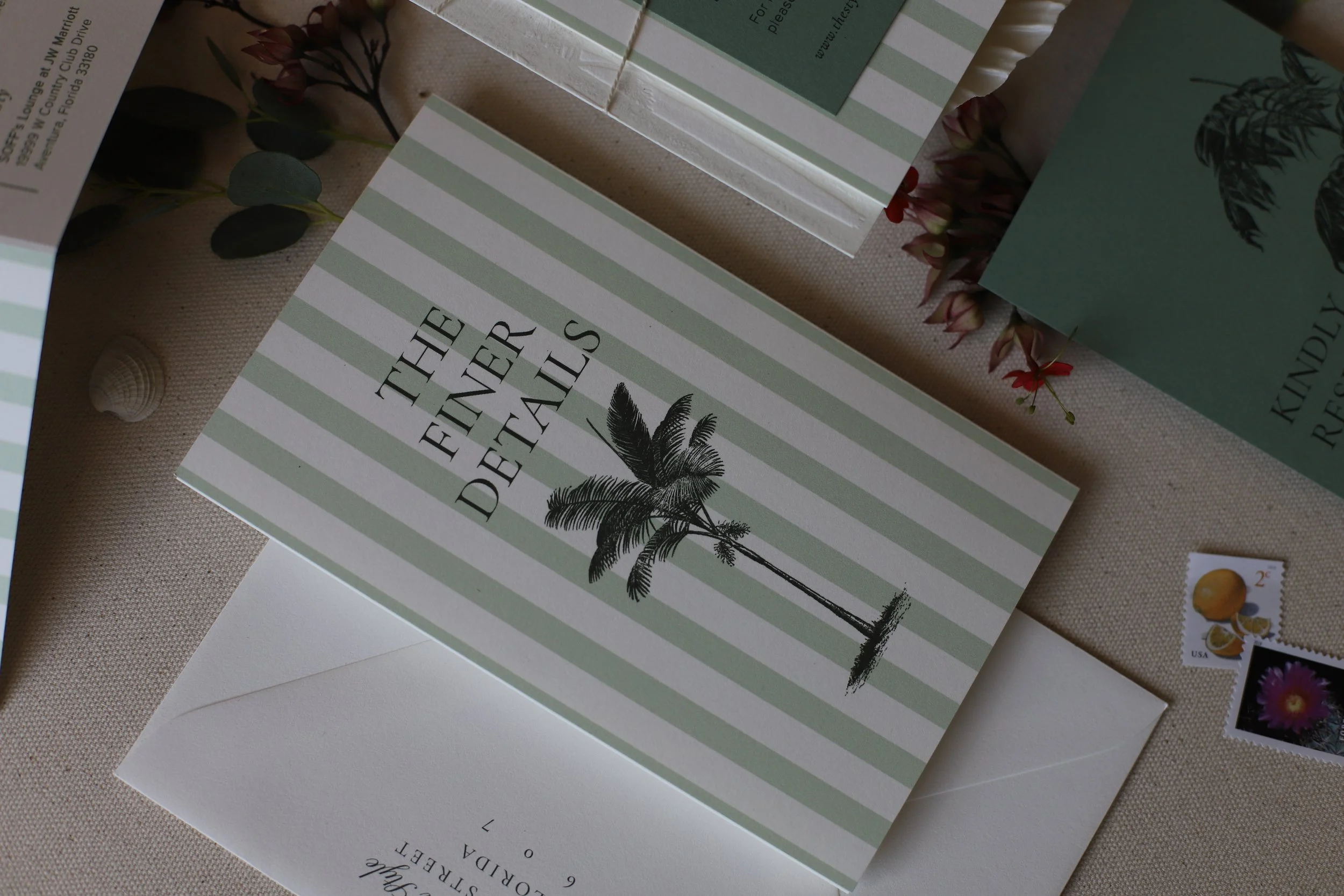 Sage Green Pin Stripe Florida Palm Tree Letterpress Wedding Invitation Suite