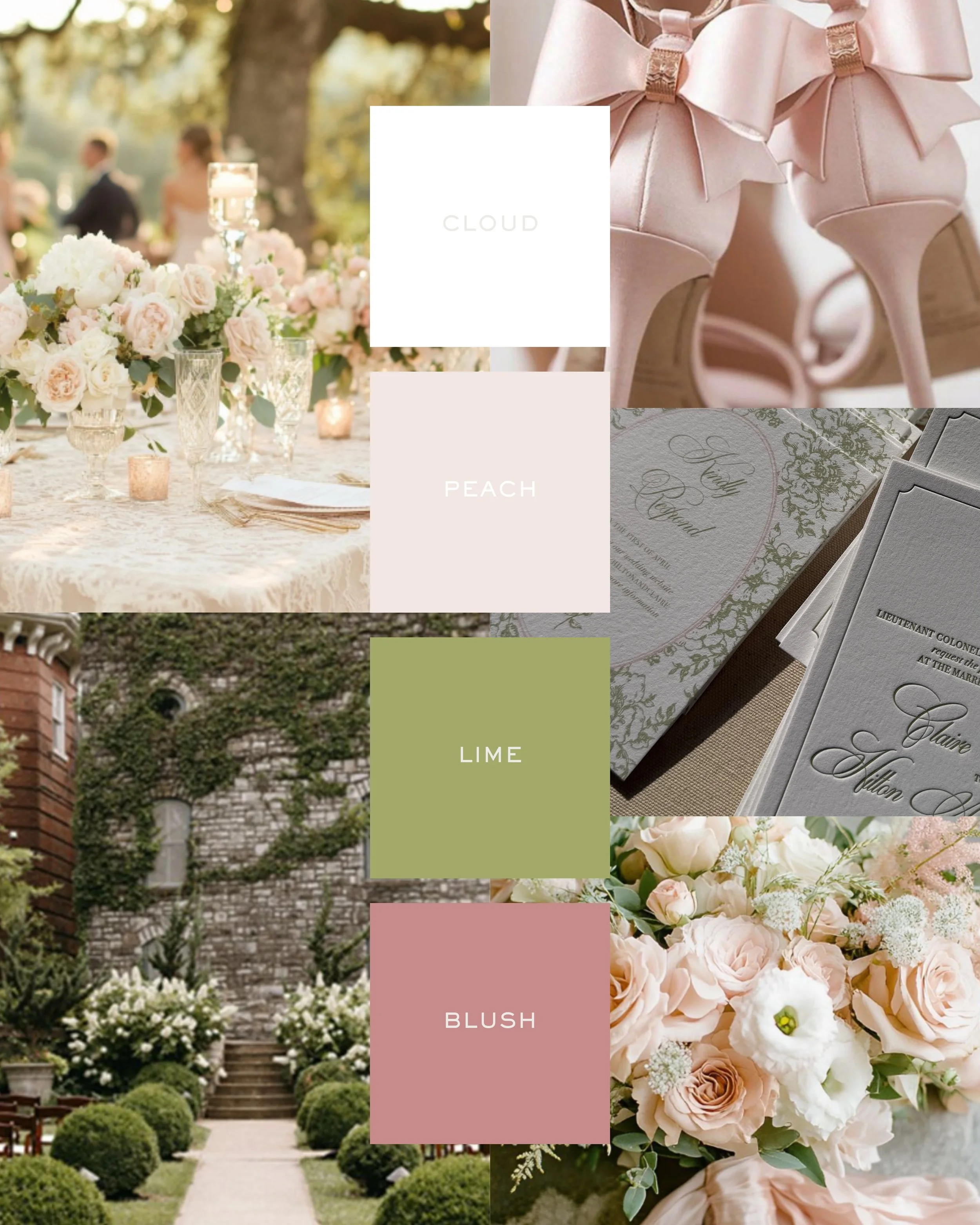 Pink and green wedding color palette for 2026 featuring soft blush pink, bright green accents, and refined luxury wedding invitation inspiration