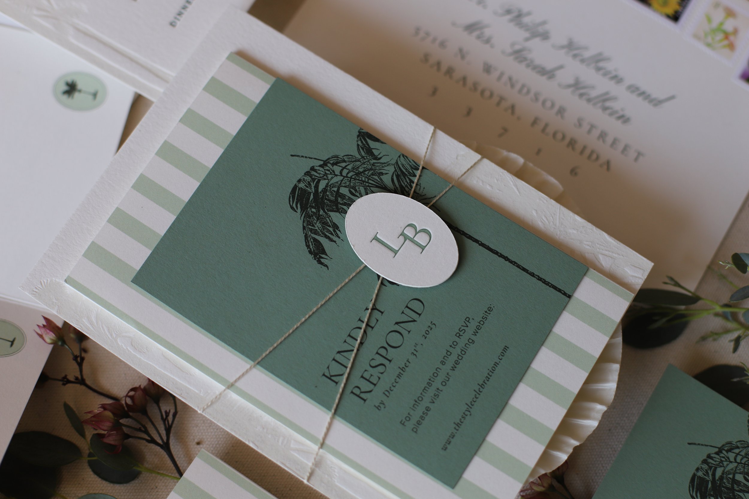 Sage Green Florida Palm Tree Letterpress Wedding Invitation Suite with die cut oval monogram