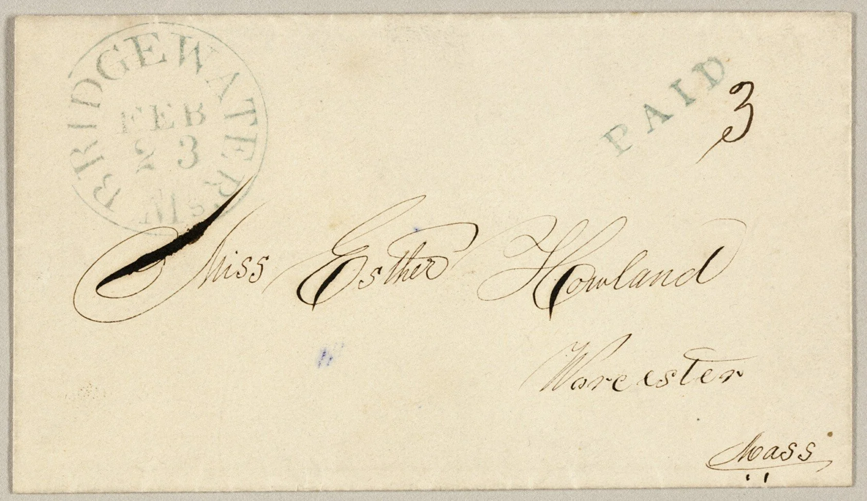 An old mailing envelope with cursive handwriting addressed to Miss Esther Houlard in Worcester, Massachusetts, featuring a circular postal cancellation mark and a handwritten numerical notation.