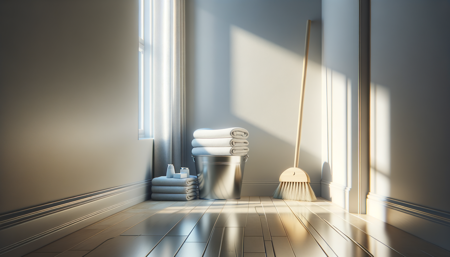 Sunlit corner of a clean room with neatly folded white towels in a silver bucket, cleaning supplies, and mop leaning against the wall.