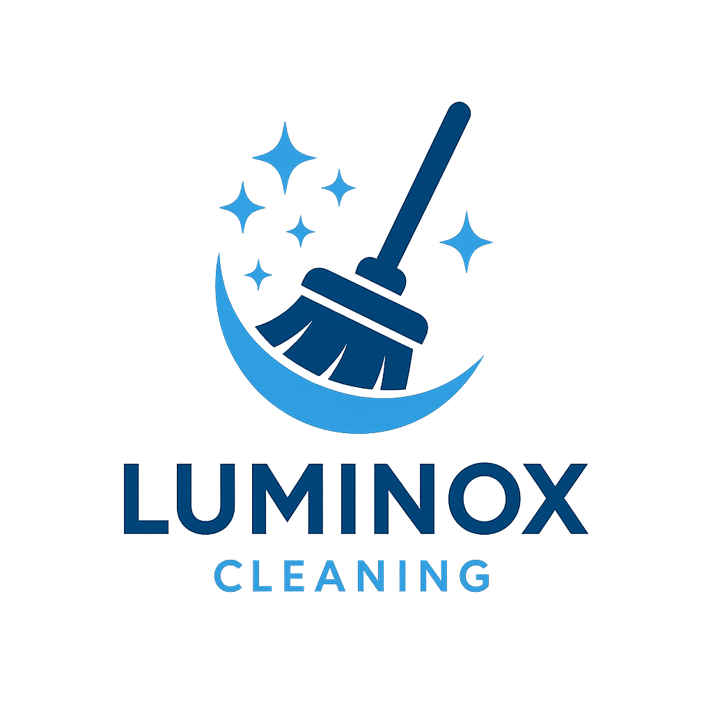 Logo for Luminox Cleaning featuring a broom, stars, and a crescent shape, with text 'LUMINox' and 'CLEANING'.