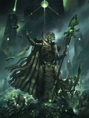 A fantasy scene with a large, armored skeleton warrior holding a green, staff-like weapon, standing over a battlefield with smaller skeletons, under a dark, stormy sky with green lighting and a glowing green orb or celestial body above.