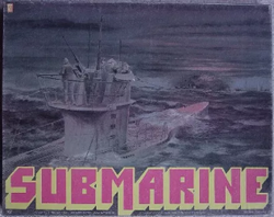 A vintage poster featuring a large submarine underwater with the word 'SUBMARINE' in bold purple letters at the bottom.
