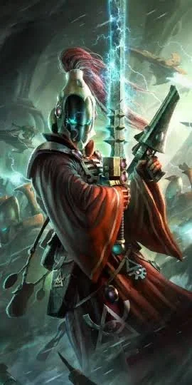 A fantasy warrior with a skull helmet wielding a glowing sword amidst a stormy background, lightning, and ominous figures.