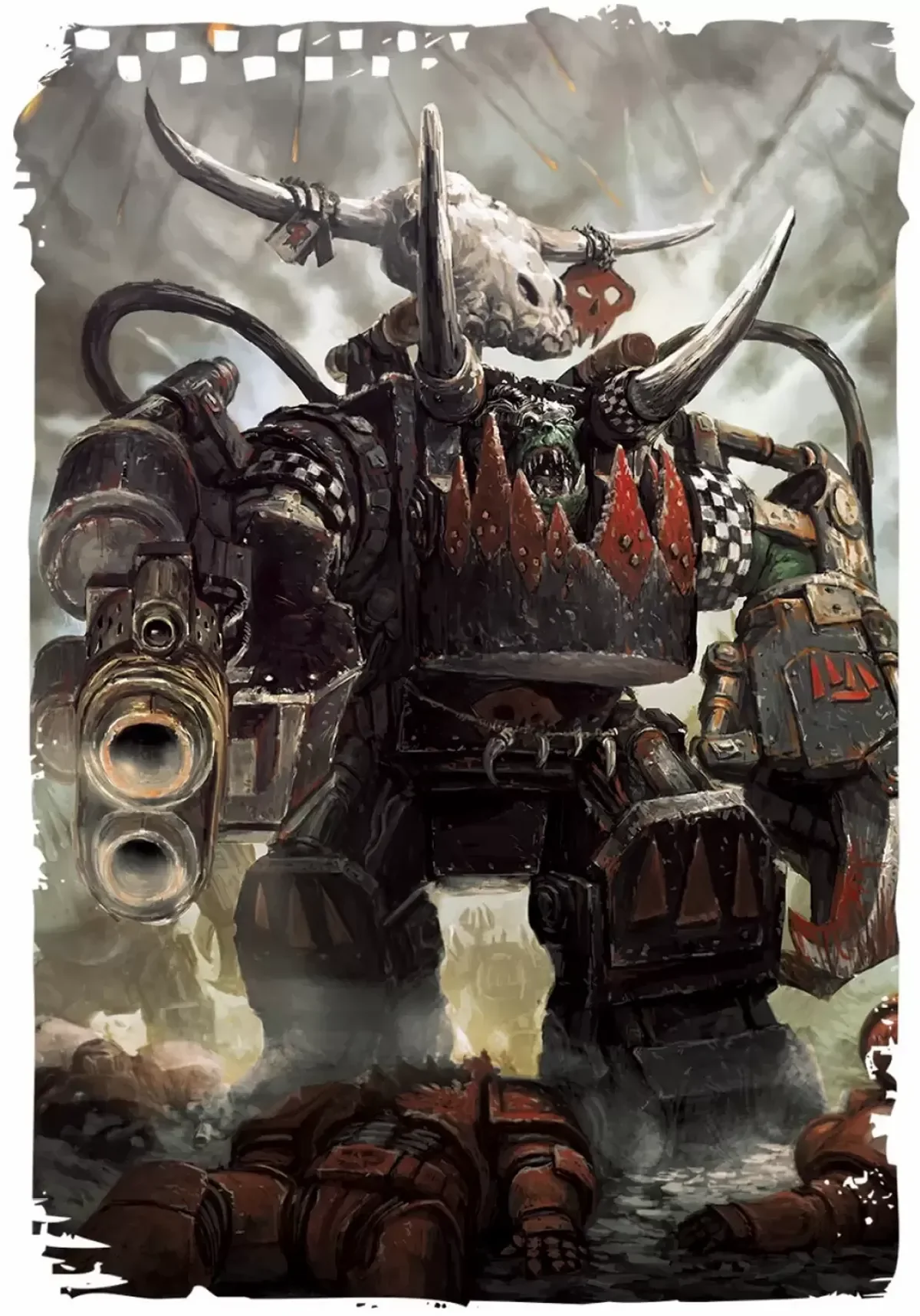 A large, armored orc warrior riding a mechanical steed, armed with a multi-barreled gun and wearing a spiked helmet decorated with a skull and animal horns. The background shows a chaotic battlefield with smoke, debris, and other armored figures.