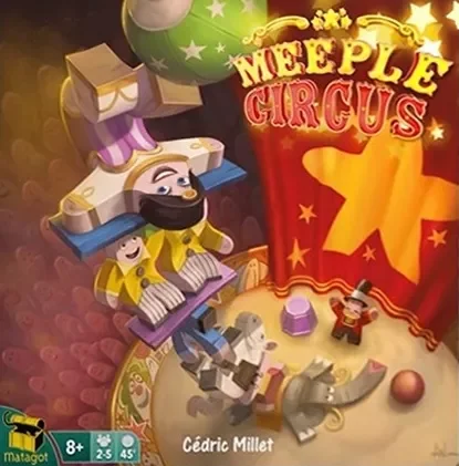 Cover of the game 'Neeple Circus' with animated characters around a circus-themed setting, including a red curtain, a large star, and toy animals.