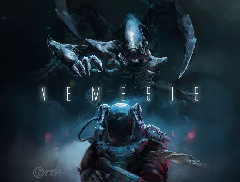 Dark sci-fi game cover showing a soldier in futuristic armor and helmet facing a large, monstrous creature with horns and claws in a misty environment. The title 'NEMESIS' is centered.
