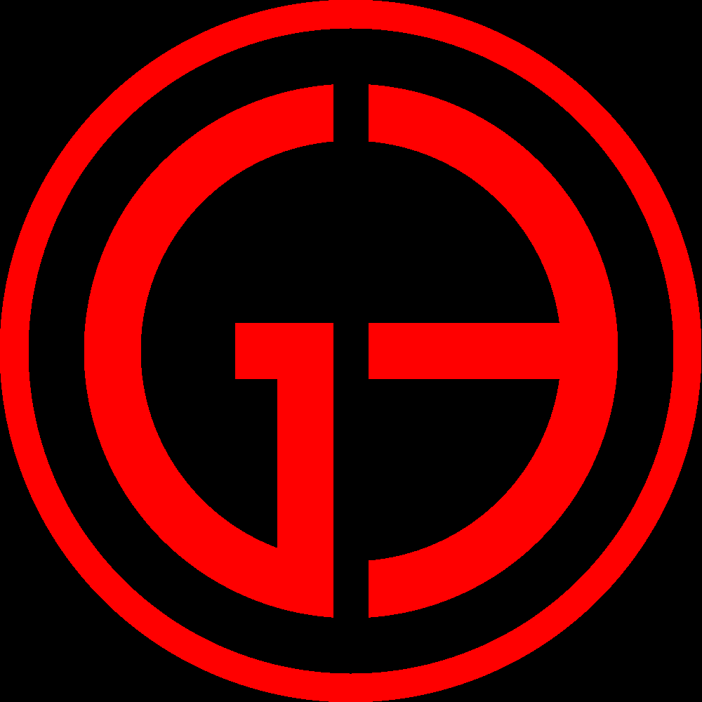 A red circular symbol with a black background, featuring the letters G and P in a stylized design.