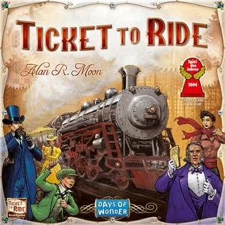 Cover of the book "Ticket to Ride" by Alan R. Moon, featuring a vintage steam train and colorful characters including a woman with a red dress, a man with a top hat and glasses, a young boy, and a woman in a purple dress holding a ticket, with a "Days of Wonder" logo.