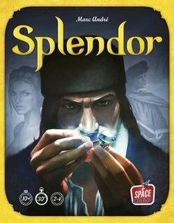 Book cover for 'Splendor' by Marc André featuring a man with dark hair and a cap, holding a small object with light emanating from it, with faint images of women in the background.