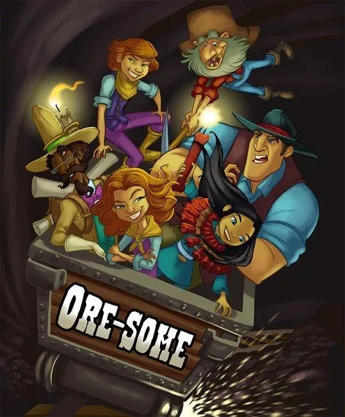 Animated group of five children and an adult riding a mine cart labeled 'Ore-some' in a dark tunnel, with a witch-like character and a wizard among them.