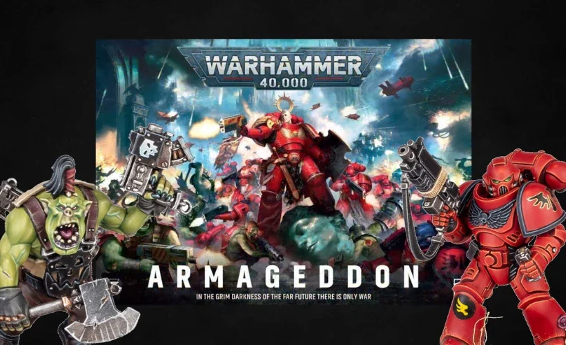 Box for Warhammer 40,000 Armagdon miniature game featuring illustrated chaos and space marine characters in combat scene.