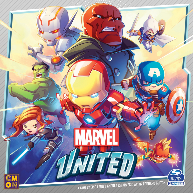 Colorful illustration of Marvel superheroes as animated characters, including Iron Man, Captain America, Thor, Hulk, Black Widow, and a red-costumed hero, with the title 'Marvel United' in the center.