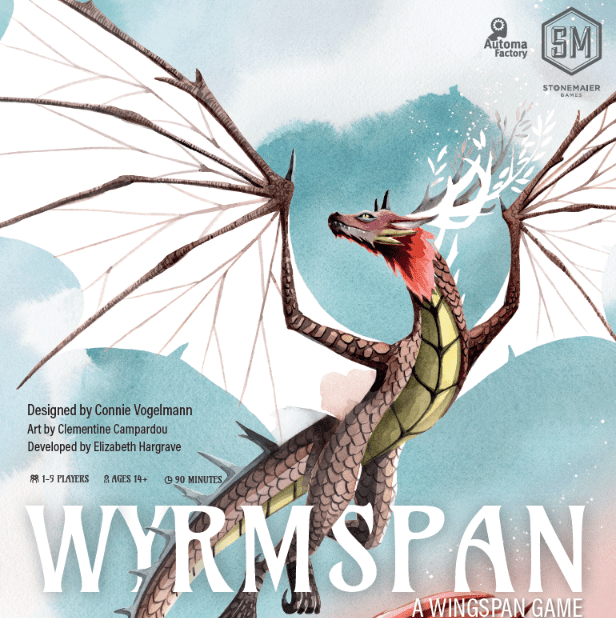 Illustration of a dragon with large, bat-like wings, a red mane, and a horn on its head, flying in the sky with clouds in the background. The text indicates it is the game "Wyrmspán".