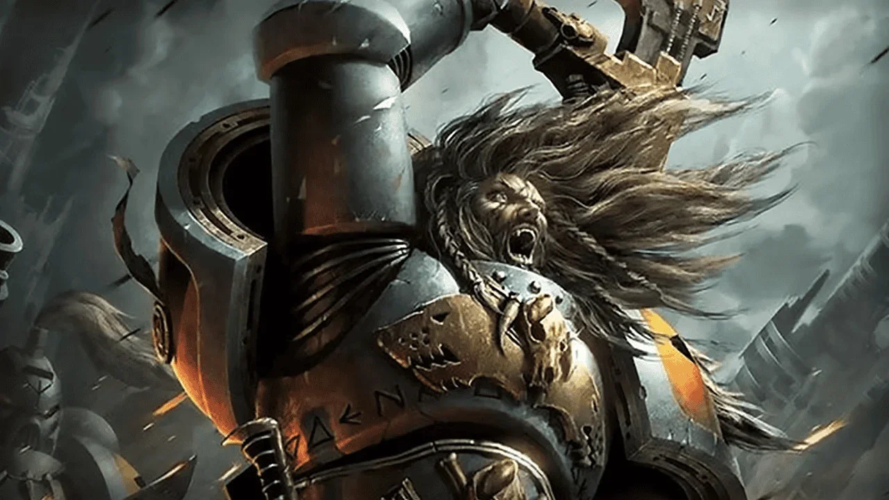 A fierce warrior with long hair and a beard, wearing armor with skull details, is shown amidst a battle scene with a cloudy, smoky sky and structures in the background.