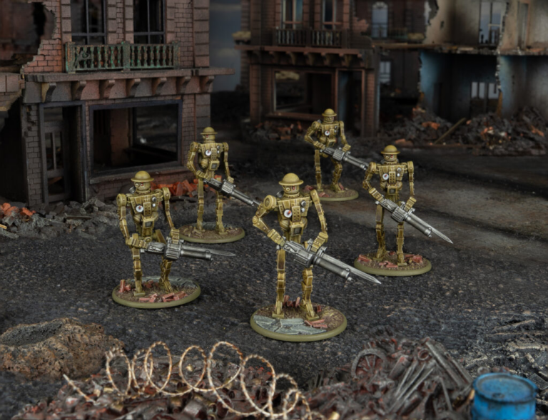 Miniature soldiers in a war scene with damaged buildings and debris.