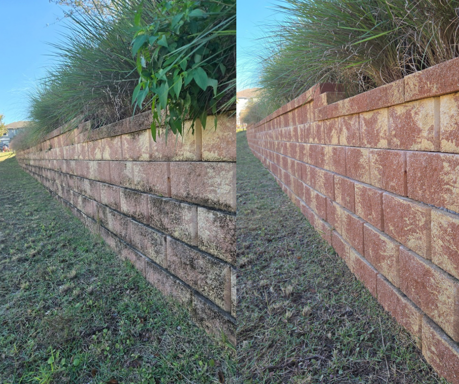 Comparison of two brick walls with grass and plants on top, showing differences in cleanliness and appearance.