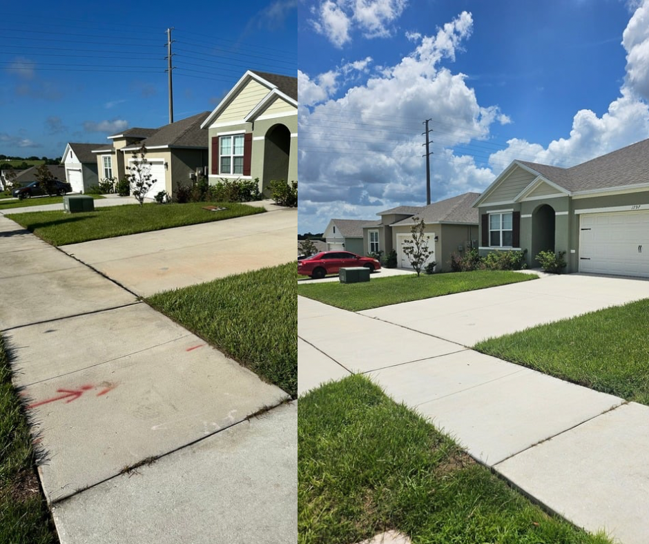 Side-by-side comparison of a residential neighborhood's sidewalk and front yard before and after renovation, showing new concrete sidewalk and fresh landscaping.