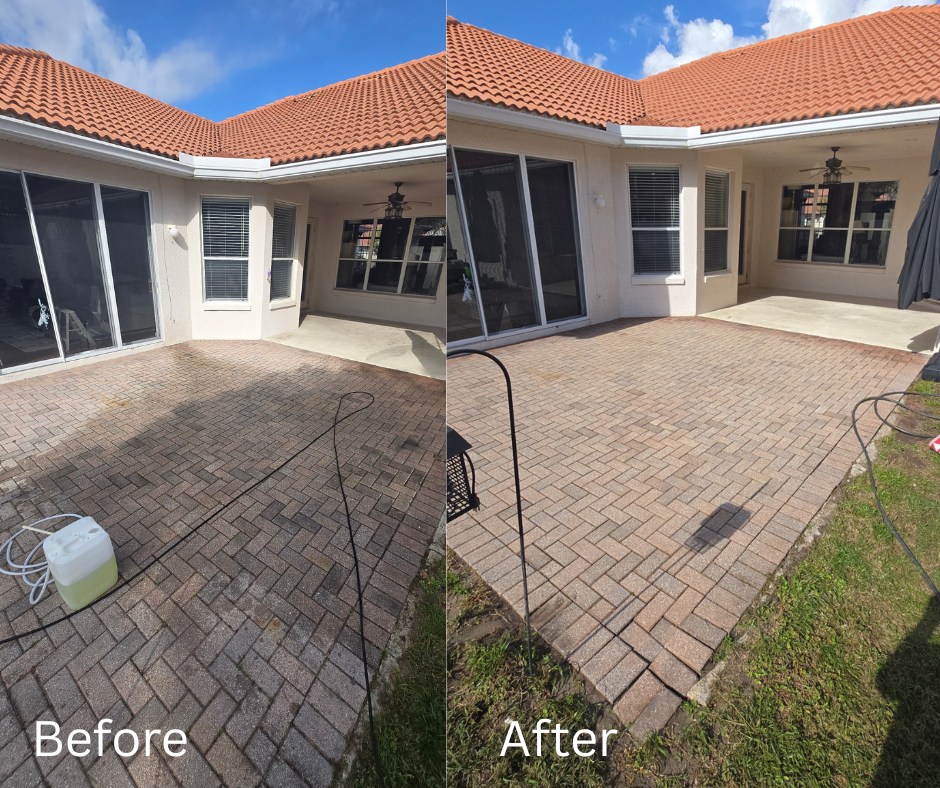 Comparison of a backyard patio before and after cleaning and refurbishing. The 'before' side shows a brick patio with a garden sprayer and hose, with some dirt and darker bricks. The 'after' side shows a clean, bright brick patio with even coloring, next to a white house with large windows and a sliding glass door, under a clear blue sky.