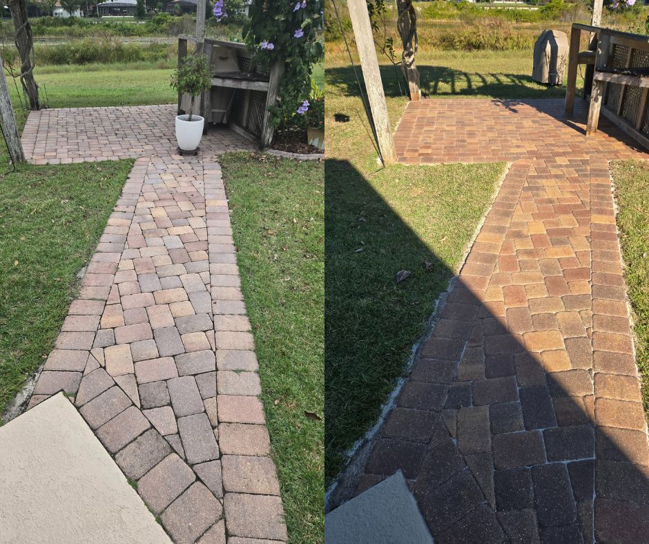 Side-by-side comparison of two brick walkways in a backyard, one with pinkish bricks and the other with darker bricks, with grass and garden elements surrounding them. Paver Sealing in Trilogy Orlando. Paver Sealing Winter Garden.