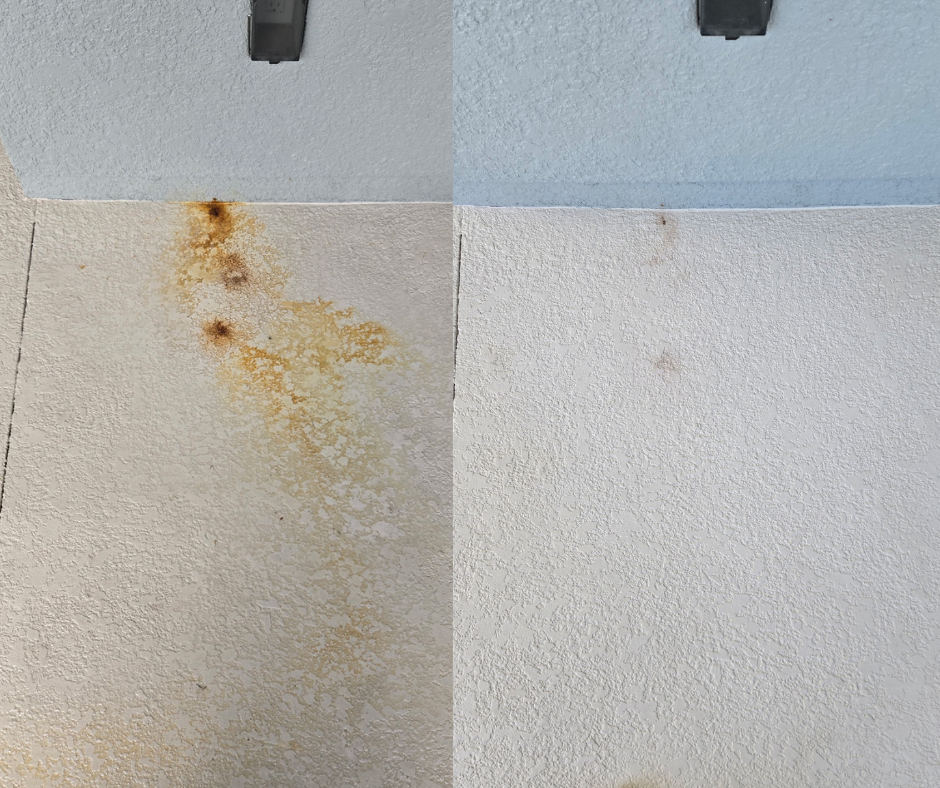 Close-up of a beige textured wall with rust stains near a corner, showing the before-and-after cleaning comparison.