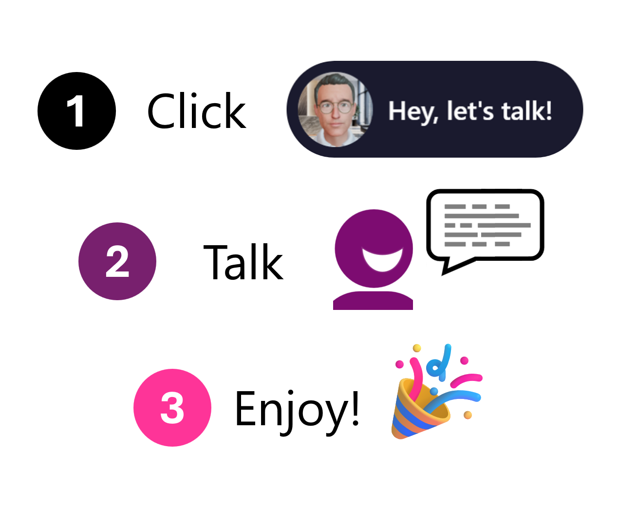 Step-by-step instructions for starting a conversation: 1. Click on a profile picture that says, 'Hey, let's talk!' 2. Talk with the person through chat bubbles 3. Enjoy the conversation and have fun.
