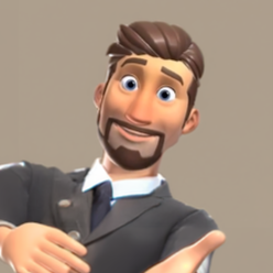 Animated cartoon character of a man with brown hair and beard, wearing a gray suit and white shirt, smiling and pointing