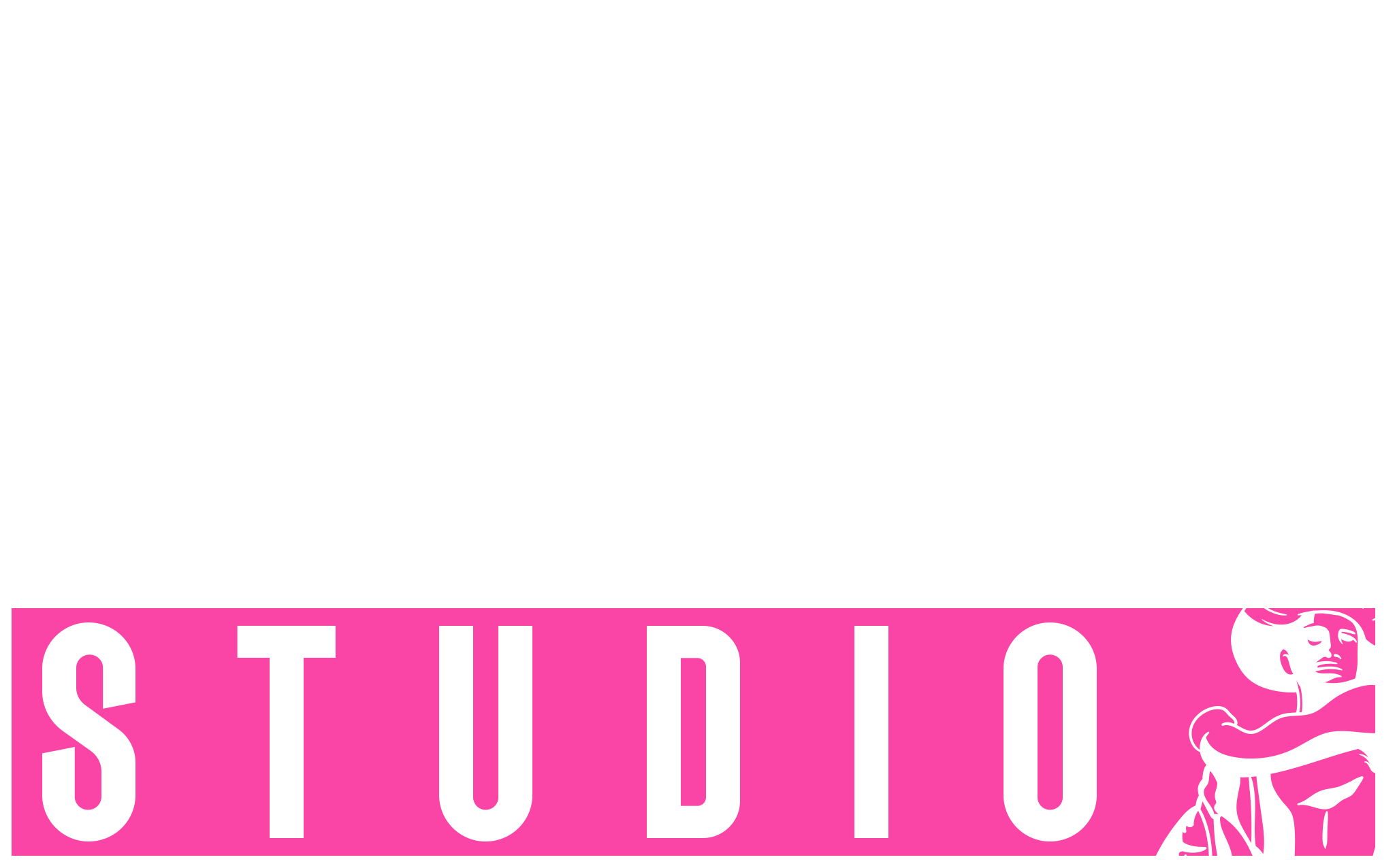 Logo de 'SHORE STUDIO' con letras grandes en blanco y negro en la parte superior, y en la parte inferior, fondo rosa con letras negras que dicen 'STUDIO' y dibujo de una mujer en la esquina derecha.