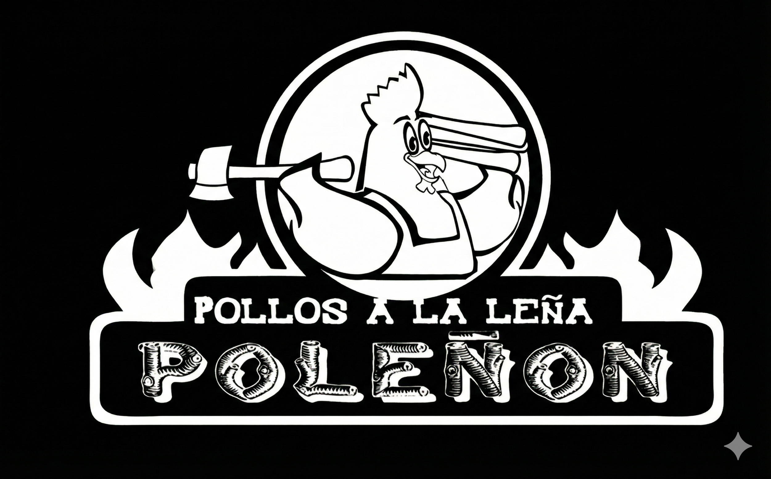 Logotipo en blanco y negro de pollo a la leña llamado Poleno, con un pato caricaturesco sosteniendo un machete y una llama