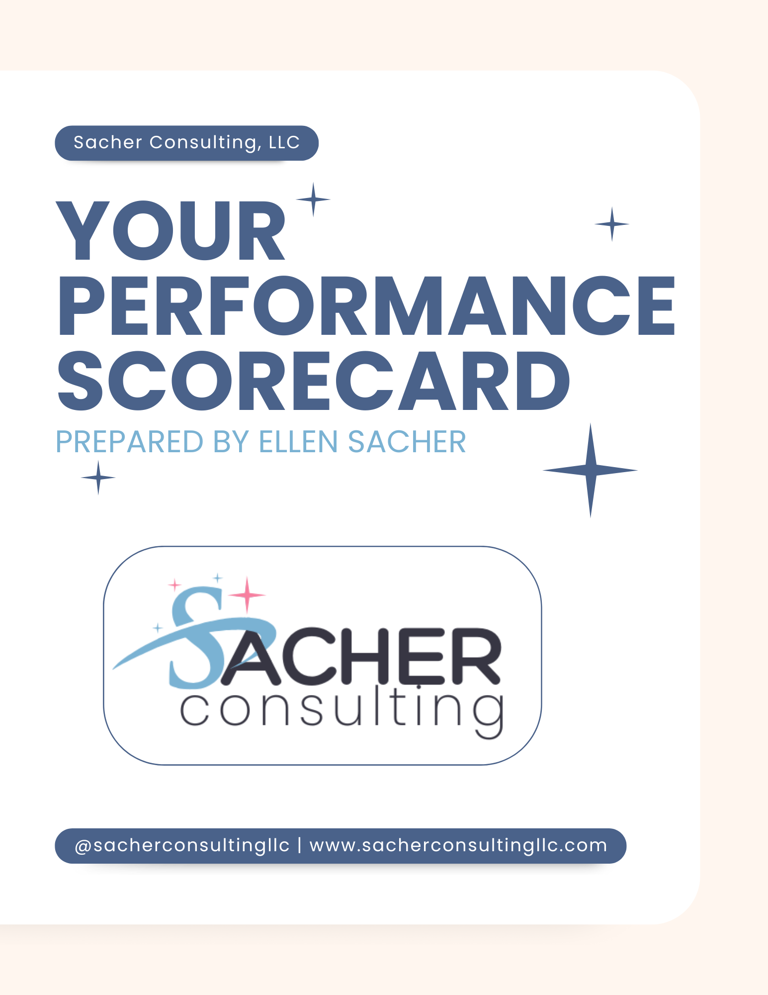 Cover page of a performance scorecard by Sacher Consulting, LLC, prepared by Ellen Sacher, featuring the company logo and contact information.