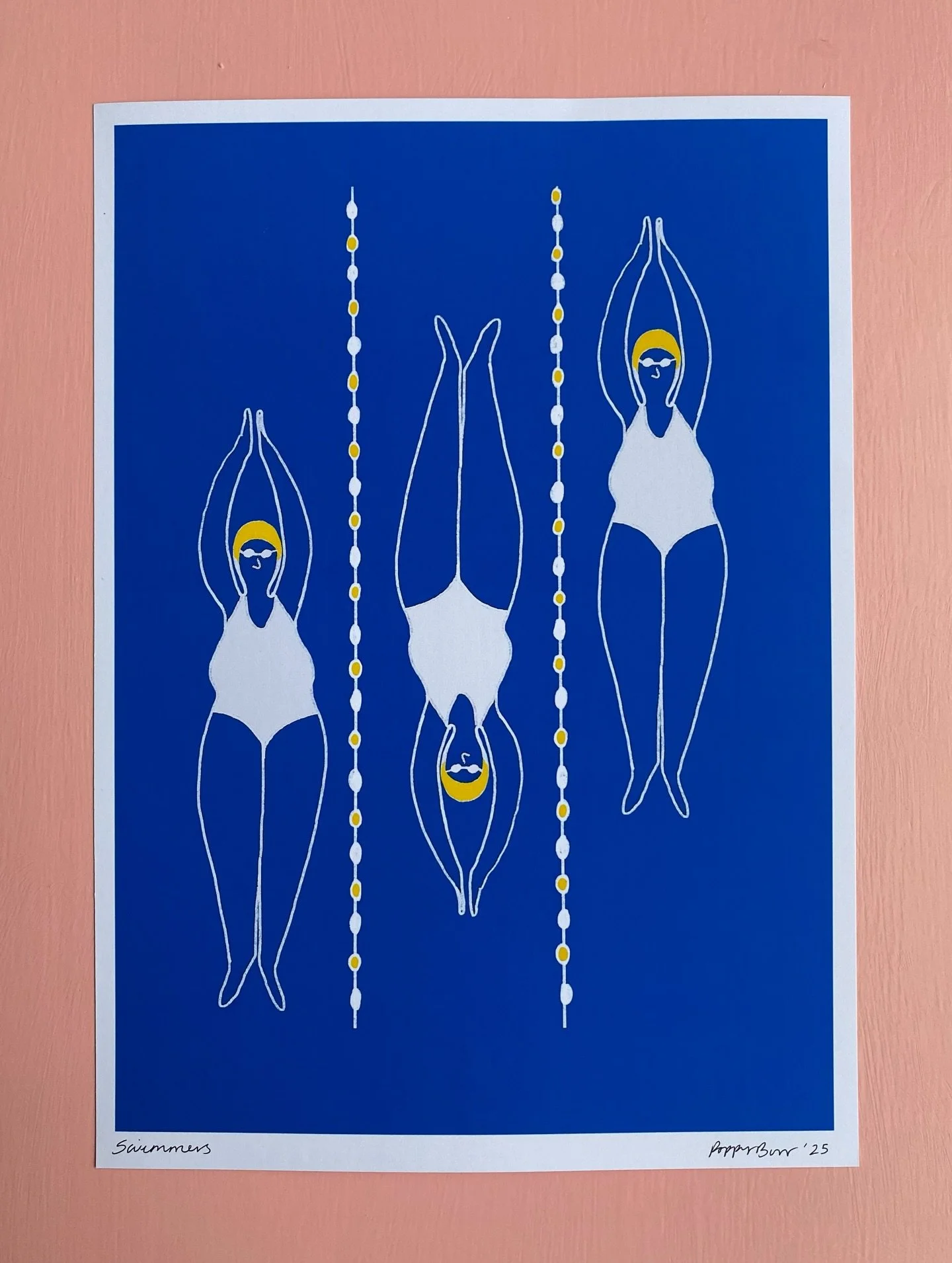 Swimmers! 

Little A4 prints of my A3 linocut original in the brightest blue you ever did see