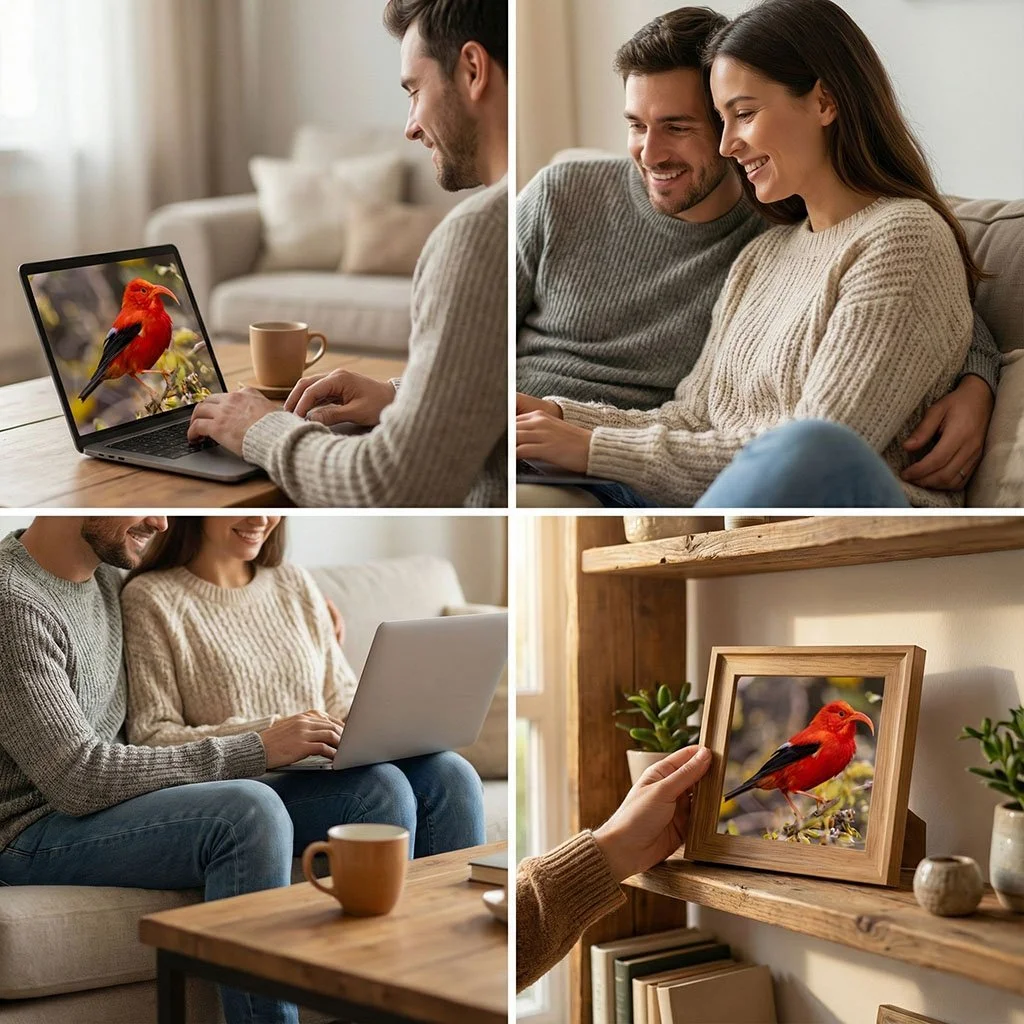 A collage of four images showing a woman and a man in a cozy home. In the first image, the man is sitting at a table using a laptop displaying a photo of a red bird. In the second image, the couple is sitting close together on a couch, smiling at a device. In the third image, they are sitting on a sofa, looking at a laptop. In the fourth image, someone is holding a framed photo of the red bird from the laptop, next to decorative items on a wooden shelf.